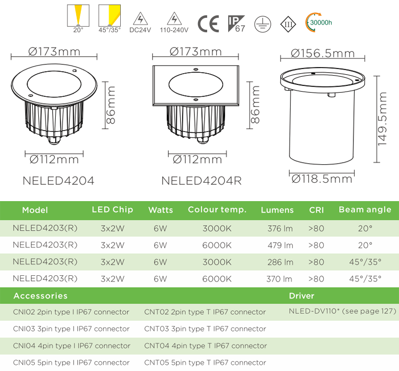 NELED4204 13.5W - Đèn LED âm đất chiếu rọi, mặt inox 316, kính cường lực 8mm, chip Cree, Ø60mm, góc chiếu 20°, 35° và 45° IP67