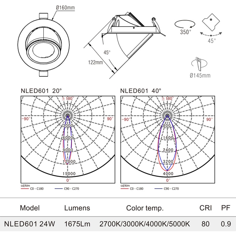 NLED601 - Đèn rọi âm trần chiếu rọi LED COB nguyên khối, mặt lõm, góc kéo mở 45°, vân tán quang, tản nhiệt nhôm đúc