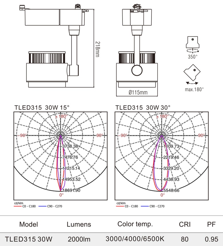 TLED315 - Đèn rọi ray SMD liền khối, thân nhôm đúc, sơn tĩnh điện, trục xoay inox 430
