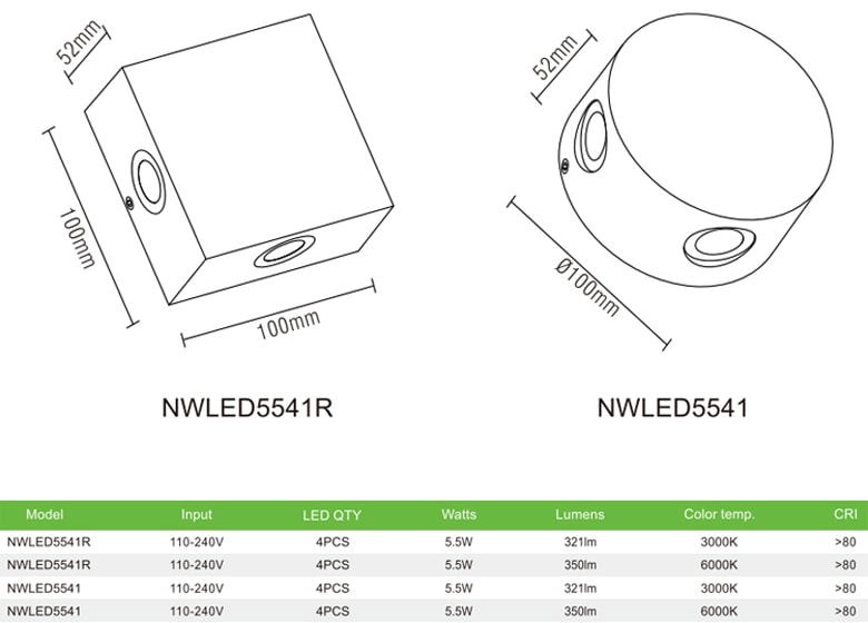 NWLED5541 - Đèn LED gắn tường surface wall light 5.5W chiếu sáng 4 góc, chip CREE, thân nhôm đúc, kính cường lực trong xuyên sáng tốt, IP54