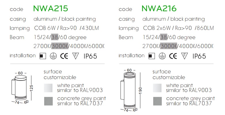 NWA215 COB 6W, NWA216 COB 2x6W - Đèn LED gắn tường ngoài trời thân tròn, chất lượng ánh sáng Ra > 90, độ sáng 430lm & 860lm, IP65
