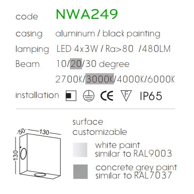 NWA249 - Đèn LED gắn tường chip Cree 4x3W, chiếu sáng 4 hướng, IP65 dùng ngoài trời