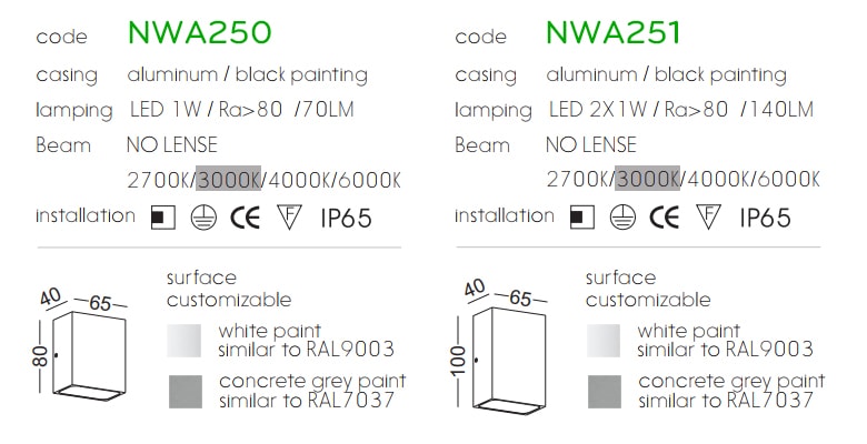 NWA250 1W, NWA251 2x1W - Đèn LED gắn tường ngoài trời thân vuông, chất lượng ánh sáng Ra > 90, độ sáng 70lm & 140lm, IP65