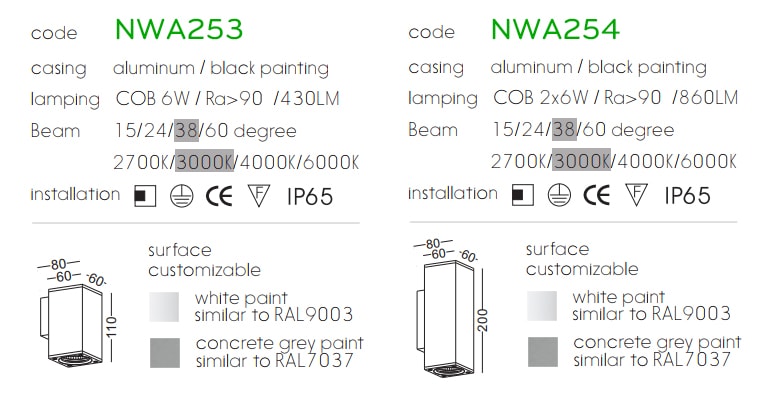 NWA253 COB 6W, NWA254 COB 2x6W - Đèn LED gắn tường ngoài trời thân vuông, chất lượng ánh sáng Ra > 90, độ sáng 430lm & 860lm, IP65