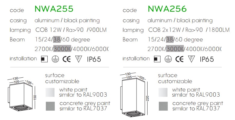 NWA255 COB 12W, NWA256 COB 2x12W - Đèn LED gắn tường ngoài trời thân vuông, chất lượng ánh sáng Ra > 90, độ sáng 900lm & 1800lm, IP65