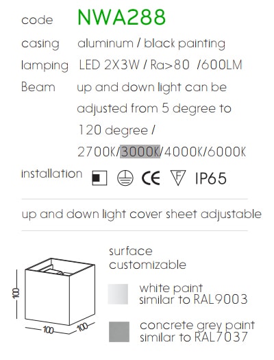 NWA288-BK/WT – Đèn LED gắn tường ngoài trời IP65 thân vuông, chiếu 2 đầu công suất 2x3W, Ra > 80, độ sáng 600lm, góc chiếu điều chỉnh từ 5 - 120 độ