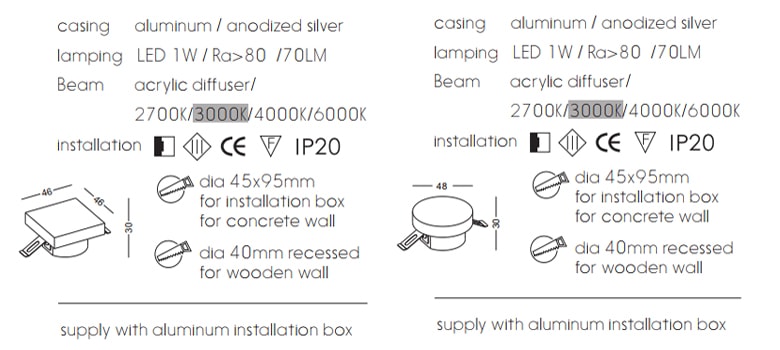 NSL008 NSL009 1W - Đèn âm bậc cầu thang trong nhà mặt vuông bằng anodized silver hoặc aluminum, Ra 80, độ sáng 70lm, góc chiếu 60 độ, IP20