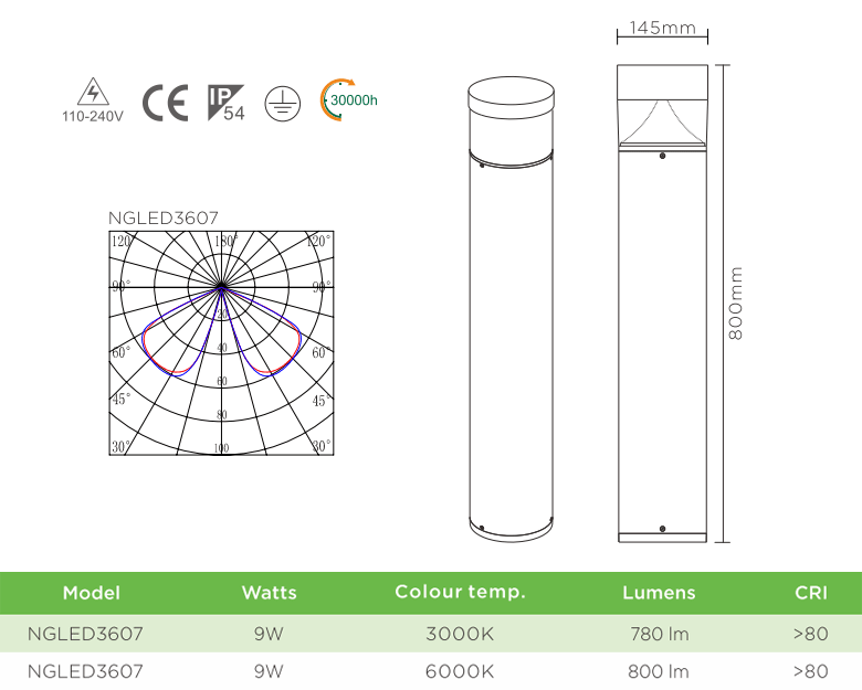 NGLED3607 9.4W - Đèn trụ nấm sân vườn IP54, thân hợp kim nhôm cán cao cấp phủ sơn tĩnh điện chống han gỉ, lens PC mờ chống chói, chip LED SMD, cao 0.8m