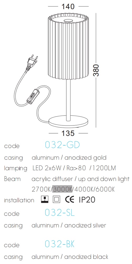 NTL032-BK/GD/WT 2x6W - Đèn để bàn cao cấp chống chói tuyệt đối, thân nhôm đúc cao cấp xử lý anod hóa, ánh sáng đẹp Ra 80, quang thông 1200lm
